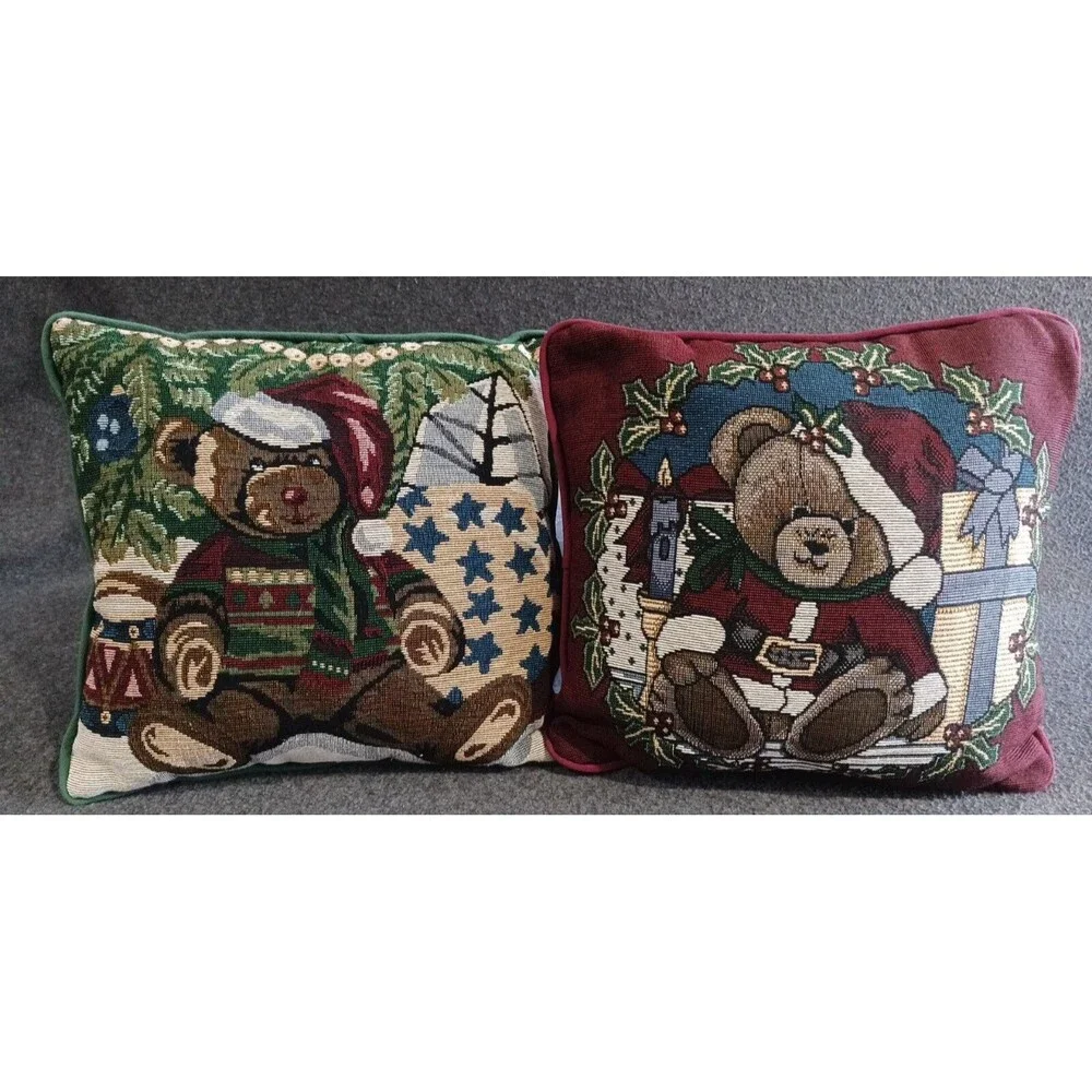 Christmas Teddy Bear Tapestry Throw Pillow Set of 2 Square Maroon & Green 12x12